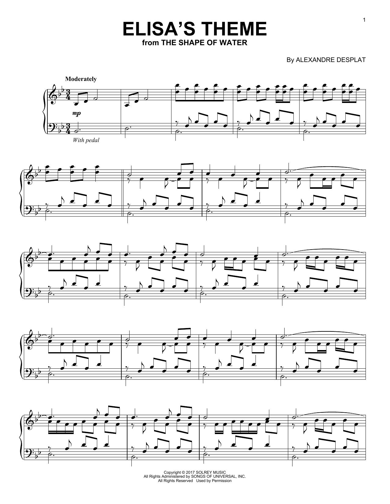 Alexandre Desplat Elisa's Theme (from 'The Shape Of Water') sheet music notes and chords. Download Printable PDF.