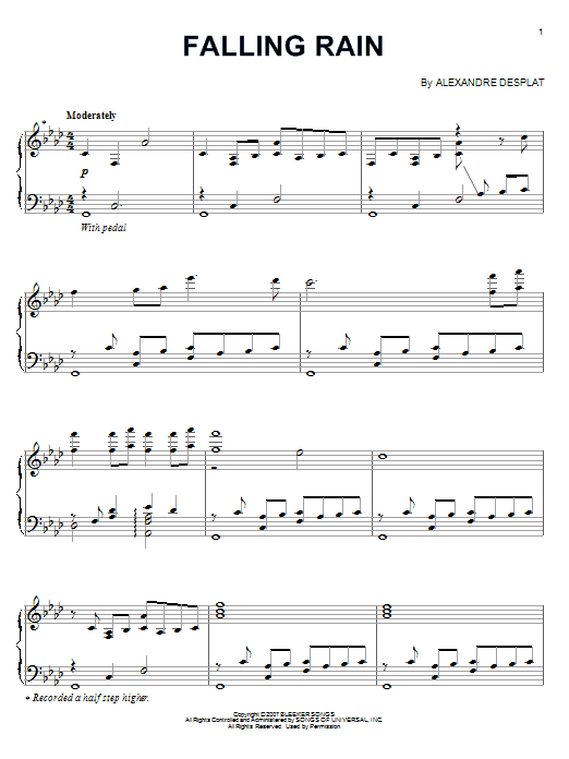 Learn to play Alexandre Desplat Falling Rain sheet music for Piano Solo in minutes. Price: 7.8900$ Alexandre Desplat Falling Rain sheet music notes and chords arranged for Piano Solo