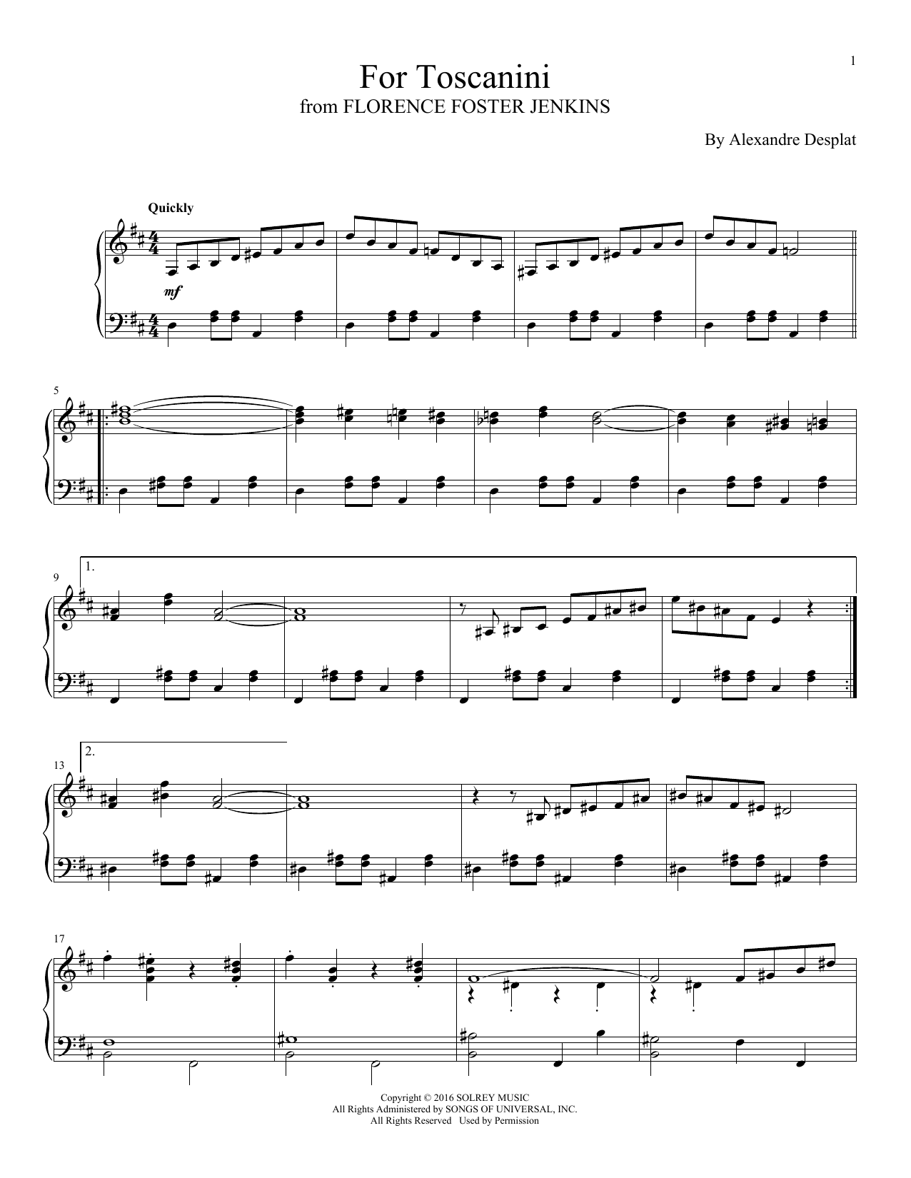Alexandre Desplat For Toscanini sheet music notes and chords arranged for Piano Solo