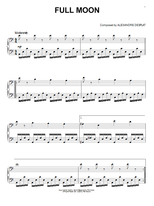 Learn to play Alexandre Desplat Full Moon sheet music for Piano Solo in minutes. Price: 7.8900$ Alexandre Desplat Full Moon sheet music notes and chords arranged for Piano Solo