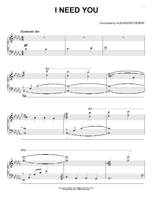 Learn to play Alexandre Desplat I Need You sheet music for Piano Solo in minutes. Price: 7.8900$ Alexandre Desplat I Need You sheet music notes and chords arranged for Piano Solo