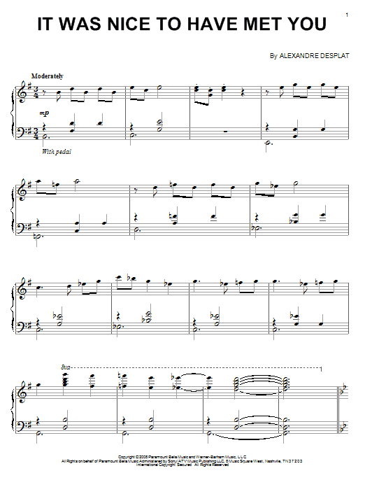 Alexandre Desplat It Was Nice To Have Met You sheet music notes and chords arranged for Piano Solo