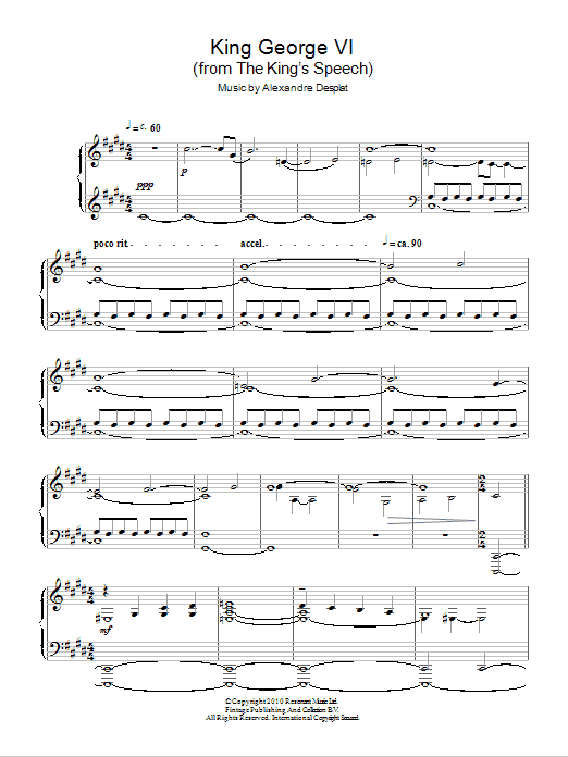 Alexandre Desplat King George VI (from The King's Speech) sheet music notes and chords arranged for Piano Solo
