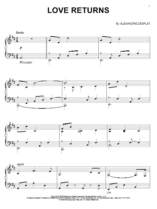 Learn to play Alexandre Desplat Love Returns sheet music for Piano Solo in minutes. Price: 7.8900$ Alexandre Desplat Love Returns sheet music notes and chords arranged for Piano Solo