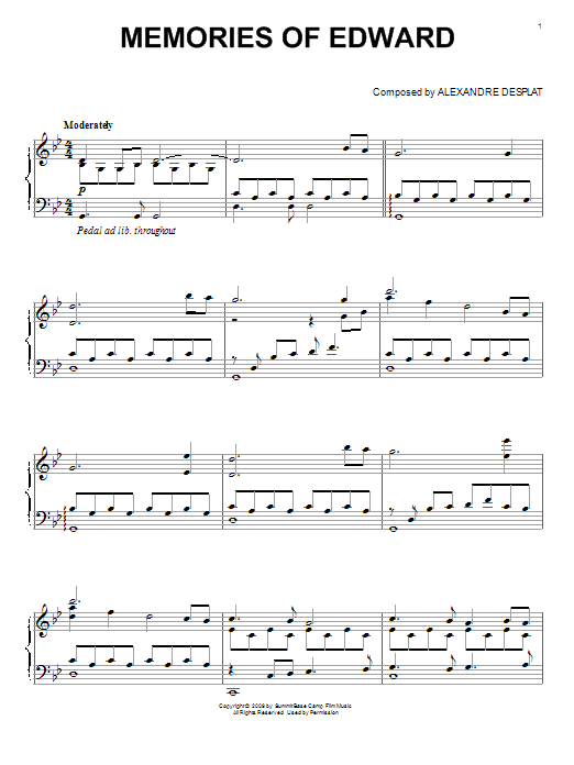 Learn to play Alexandre Desplat Memories Of Edward sheet music for Piano Solo in minutes. Price: 7.8900$ Alexandre Desplat Memories Of Edward sheet music notes and chords arranged for Piano Solo