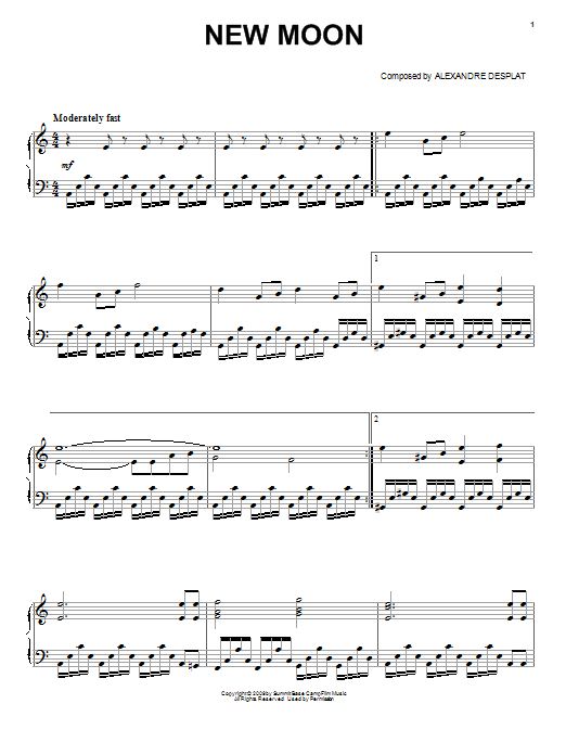 Alexandre Desplat New Moon sheet music notes and chords arranged for Piano Solo