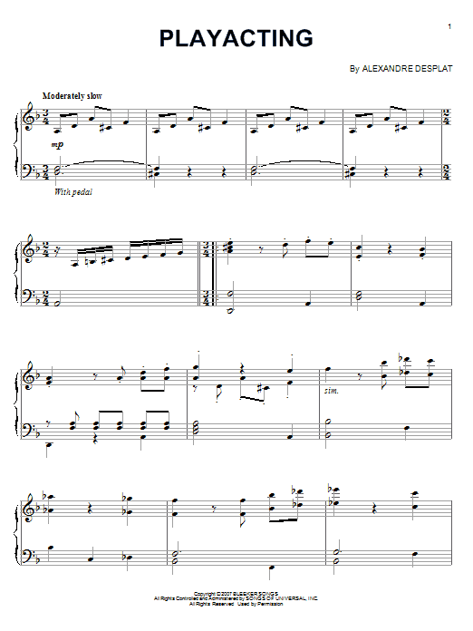 Learn to play Alexandre Desplat Playacting sheet music for Piano Solo in minutes. Price: 7.8900$ Alexandre Desplat Playacting sheet music notes and chords arranged for Piano Solo