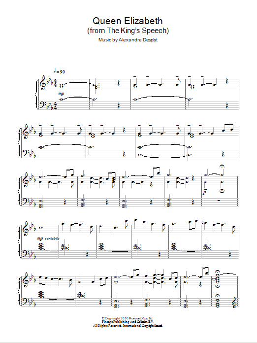 Alexandre Desplat Queen Elizabeth (from The King's Speech) sheet music notes and chords arranged for Piano Solo