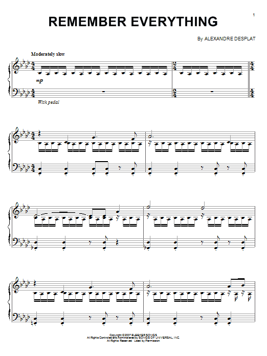 Learn to play Alexandre Desplat Remember Everything sheet music for Piano Solo in minutes. Price: 7.8900$ Alexandre Desplat Remember Everything sheet music notes and chords arranged for Piano Solo