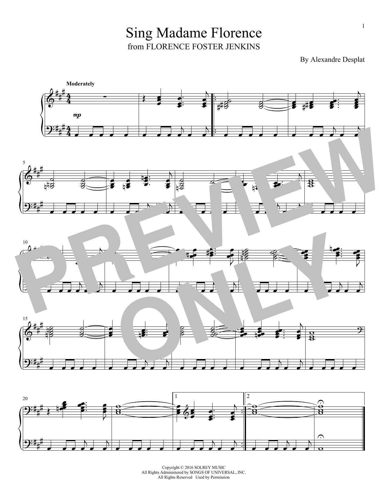 Learn to play Alexandre Desplat Sing Madame Florence sheet music for Piano Solo in minutes. Price: 7.8900$ Alexandre Desplat Sing Madame Florence sheet music notes and chords arranged for Piano Solo