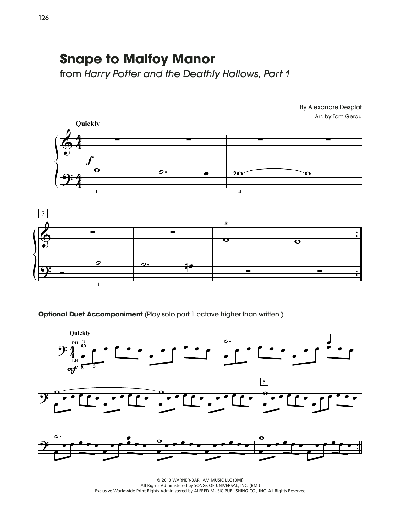 Alexandre Desplat Snape To Malfoy Manor (from Harry Potter) (arr. Tom Gerou) sheet music notes and chords. Download Printable PDF.