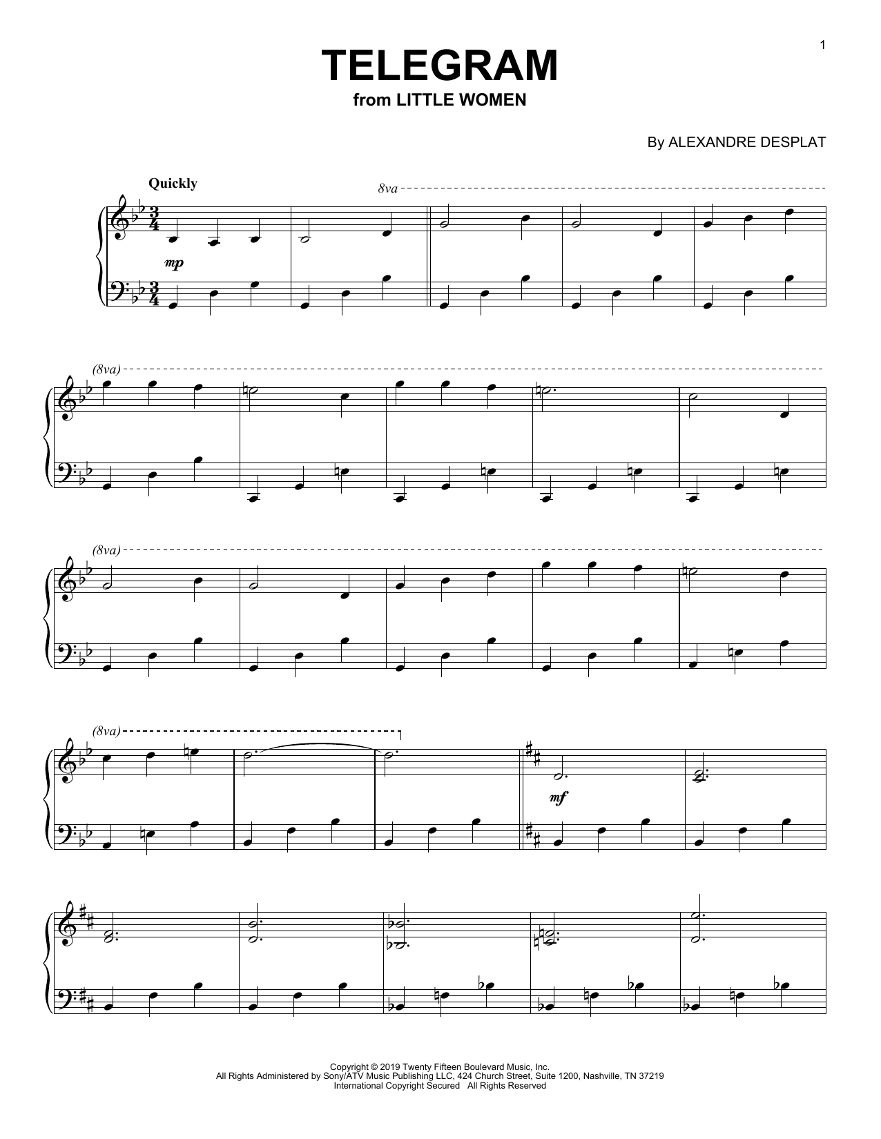 Learn to play Alexandre Desplat Telegram (from the Motion Picture Little Women) sheet music for Piano Solo in minutes. Price: 7.8900$ Alexandre Desplat Telegram (from the Motion Picture Little Women) sheet music notes and chords arranged for Piano Solo