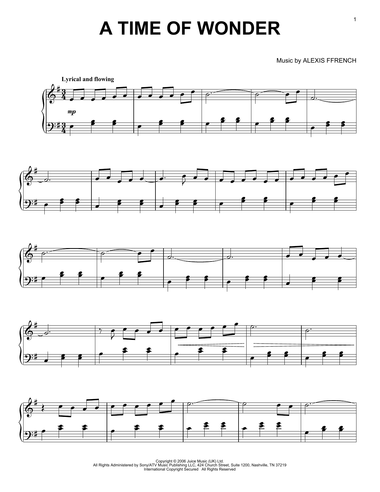 Alexis Ffrench A Time Of Wonder sheet music notes and chords. Download Printable PDF.