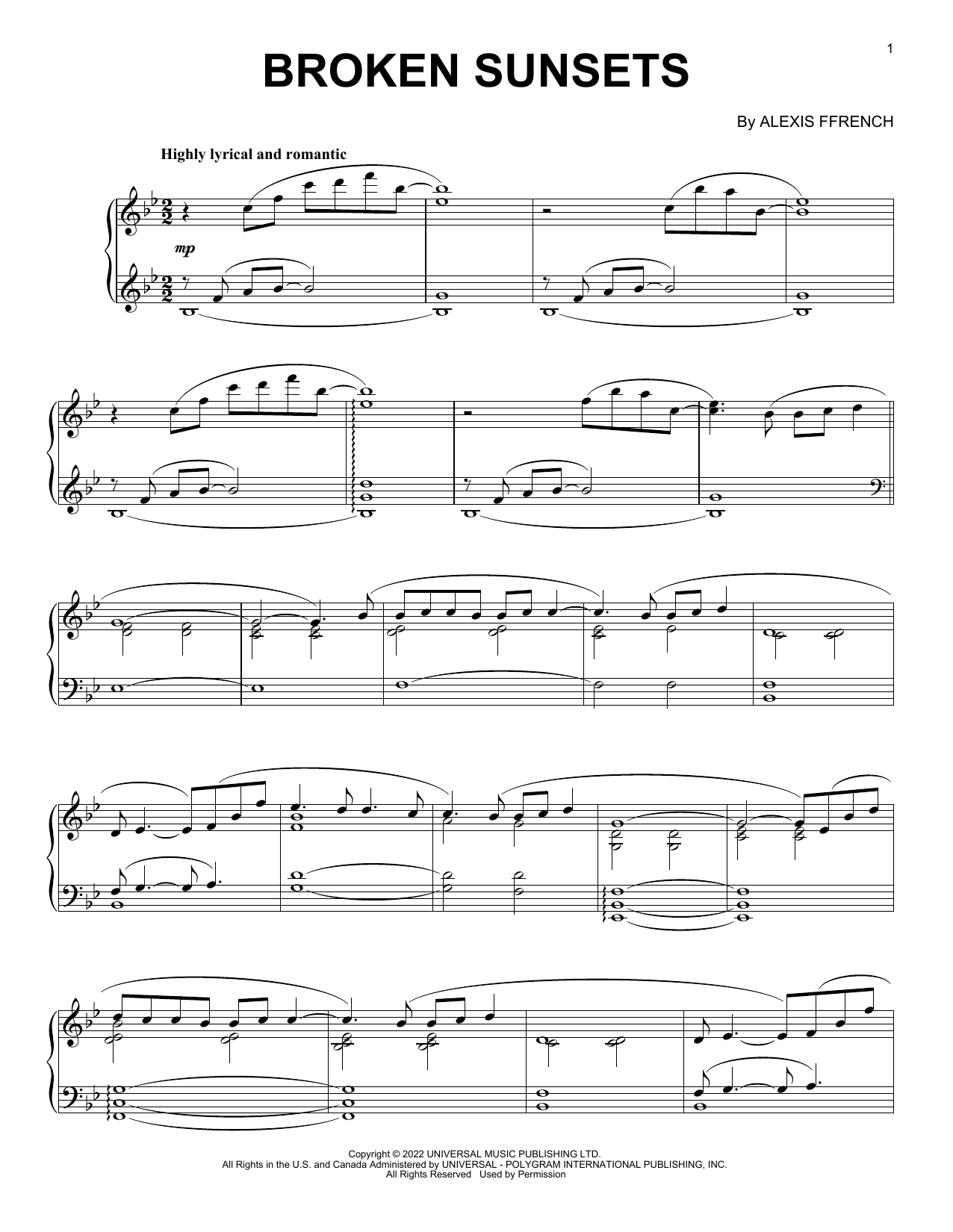 Alexis Ffrench Broken Sunsets sheet music notes and chords. Download Printable PDF.