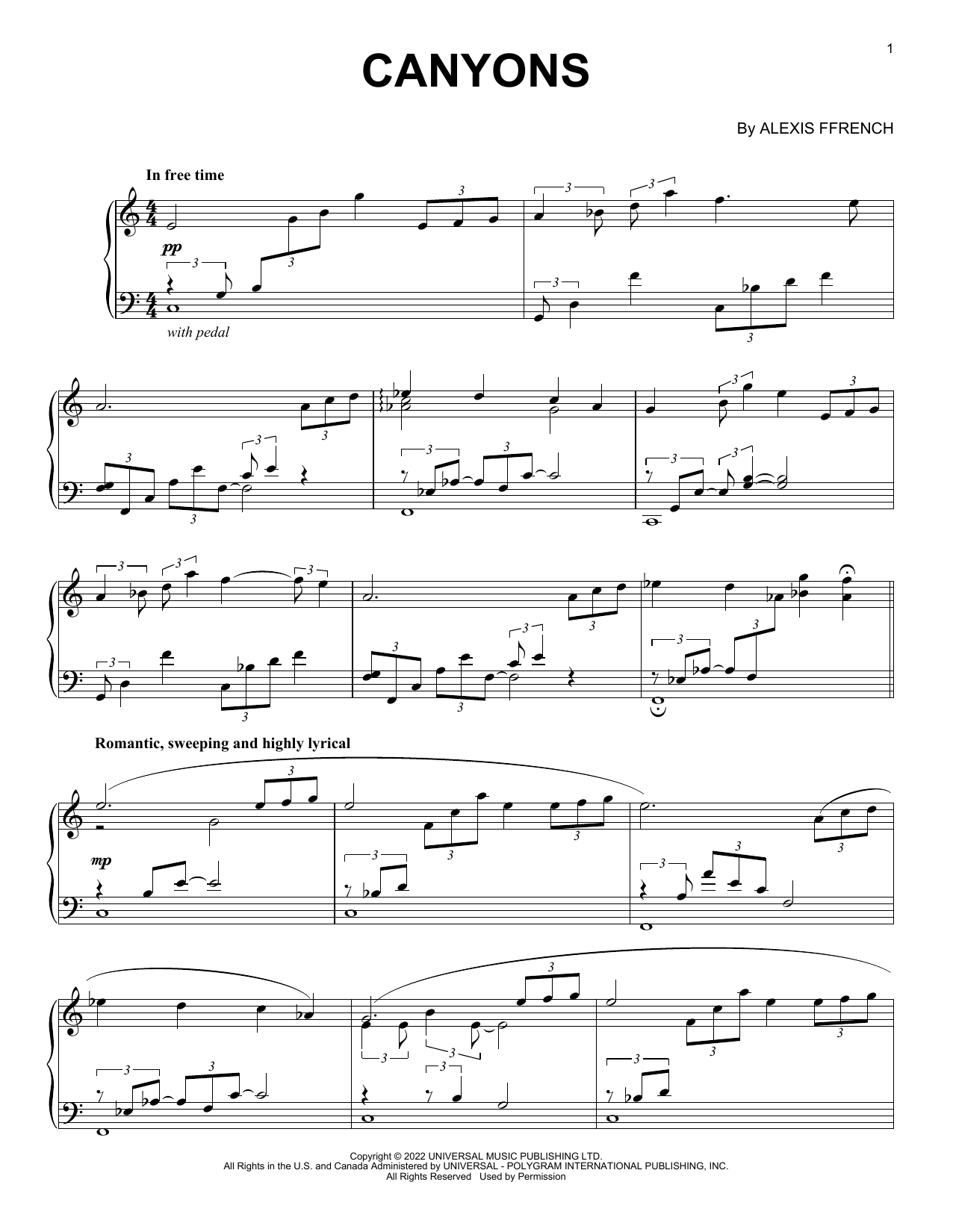 Alexis Ffrench Canyons sheet music notes and chords. Download Printable PDF.