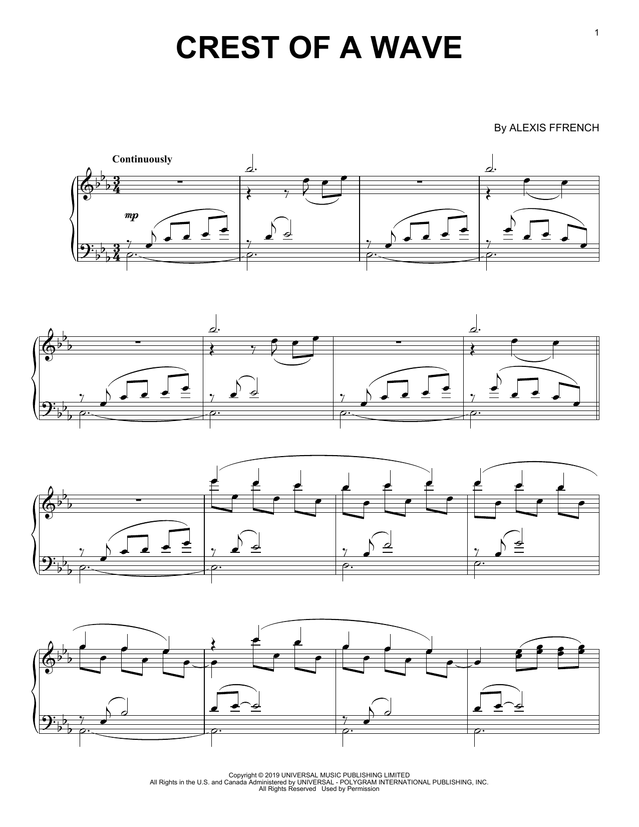 Learn to play Alexis Ffrench Crest Of A Wave sheet music for Piano Solo in minutes. Price: 7.8900$ Alexis Ffrench Crest Of A Wave sheet music notes and chords arranged for Piano Solo