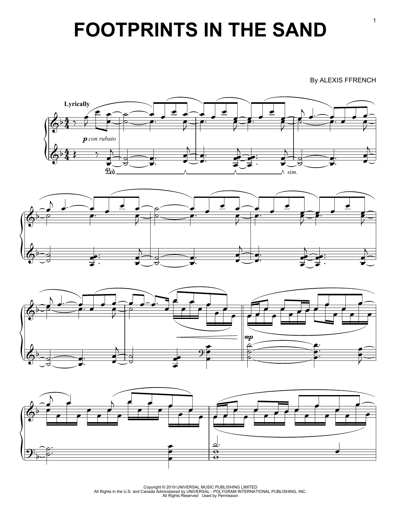 Alexis Ffrench Footprints In The Sand sheet music notes and chords. Download Printable PDF.