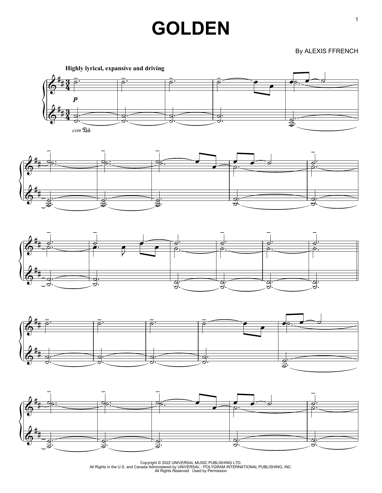 Learn to play Alexis Ffrench Golden sheet music for Piano Solo in minutes. Price: 7.8900$ Alexis Ffrench Golden sheet music notes and chords arranged for Piano Solo