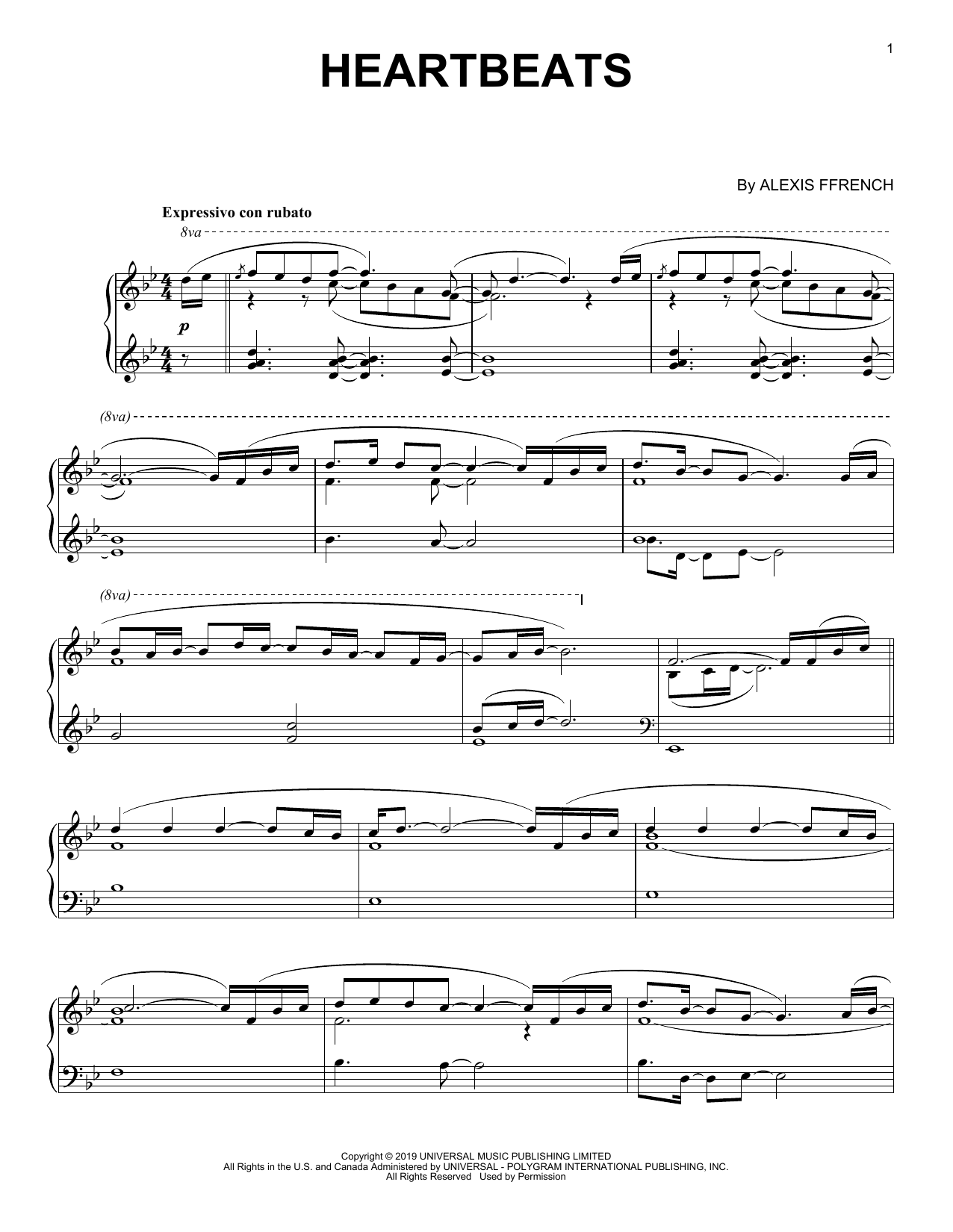 Learn to play Alexis Ffrench Heartbeats sheet music for Piano Solo in minutes. Price: 7.8900$ Alexis Ffrench Heartbeats sheet music notes and chords arranged for Piano Solo