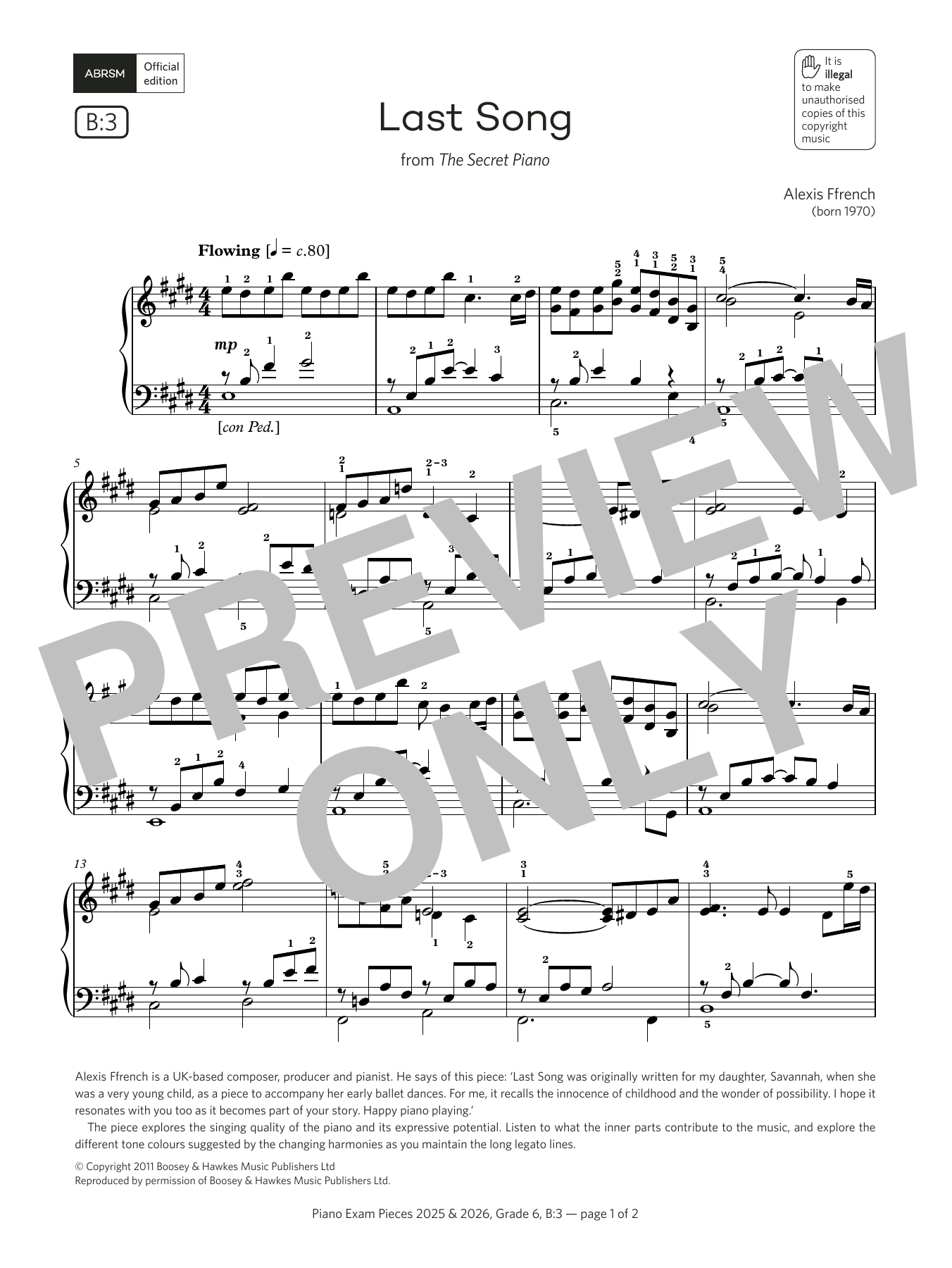 Alexis Ffrench Last Song (Grade 6, list B3, from the ABRSM Piano Syllabus 2025 & 2026) sheet music notes and chords. Download Printable PDF.