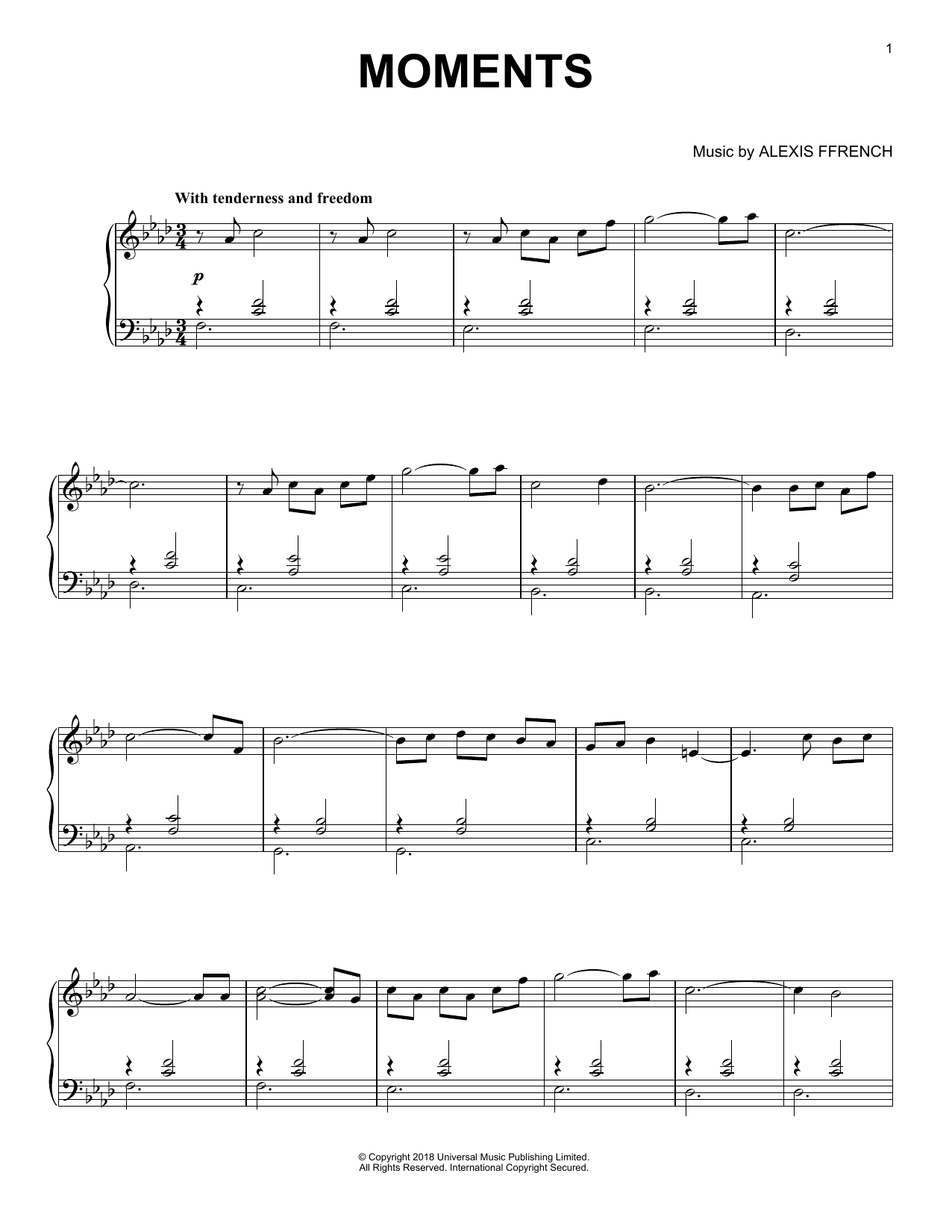 Alexis Ffrench Moments sheet music notes and chords. Download Printable PDF.