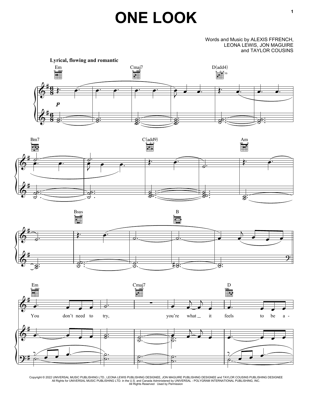 Learn to play Alexis Ffrench ft. Leona Lewis One Look sheet music for Piano, Vocal & Guitar Chords (Right-Hand Melody) in minutes. Price: 7.8900$ Alexis Ffrench ft. Leona Lewis One Look sheet music notes and chords arranged for Piano, Vocal & Guitar Chords (Right-Hand Melody)
