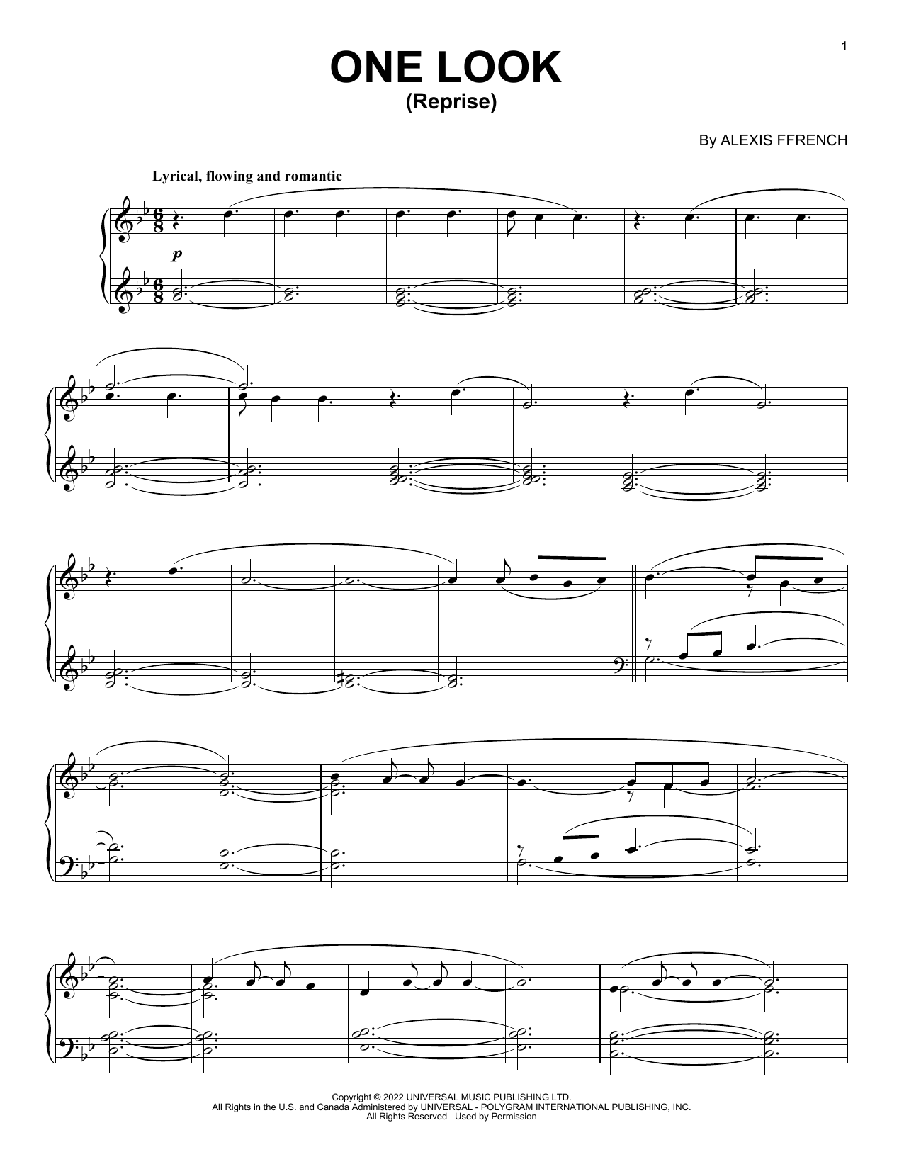 Alexis Ffrench One Look (Reprise) sheet music notes and chords. Download Printable PDF.