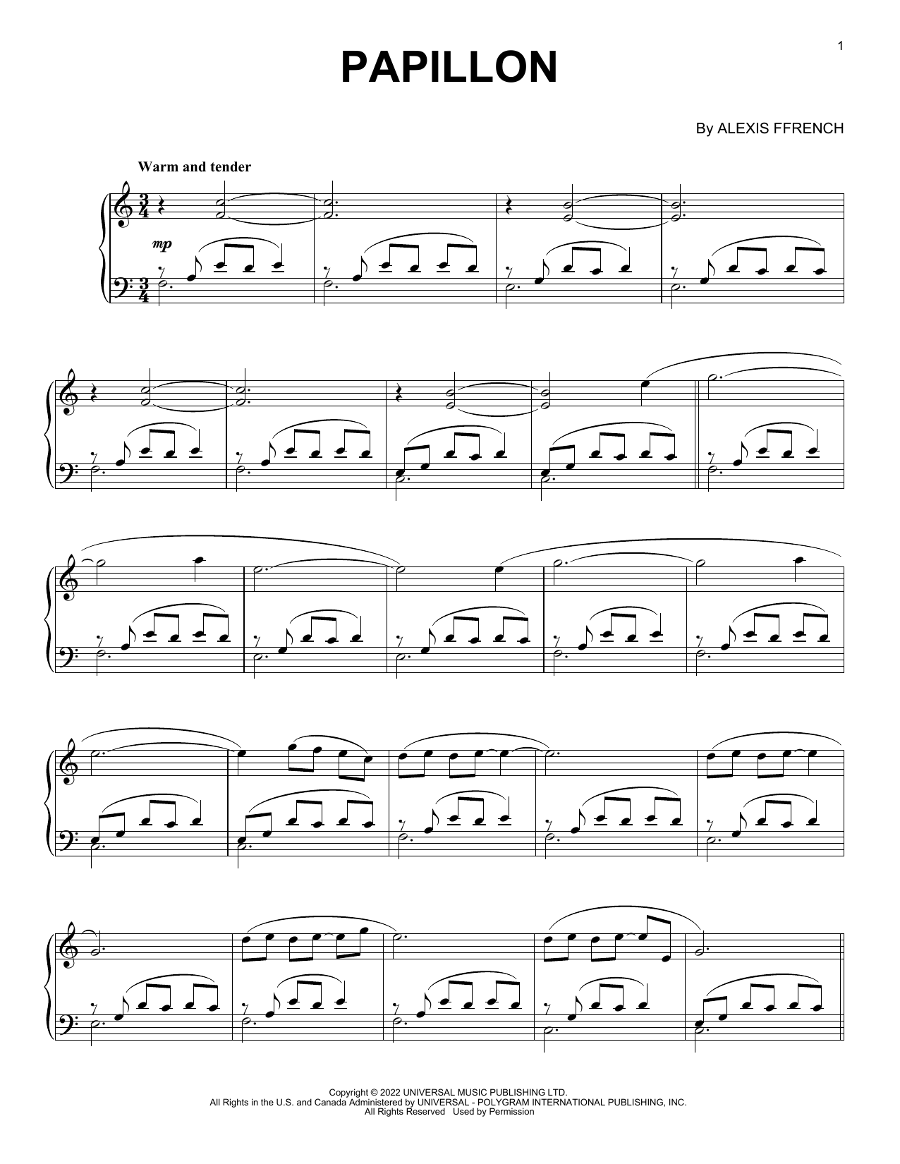 Alexis Ffrench Papillon sheet music notes and chords. Download Printable PDF.