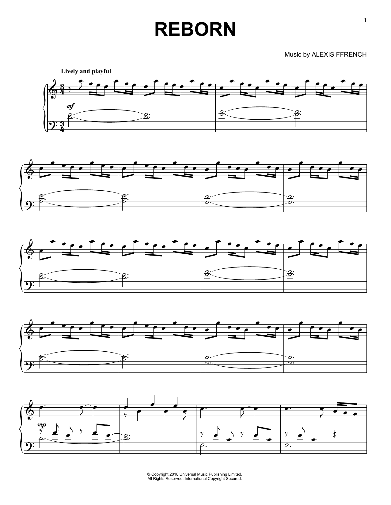 Alexis Ffrench Reborn sheet music notes and chords. Download Printable PDF.