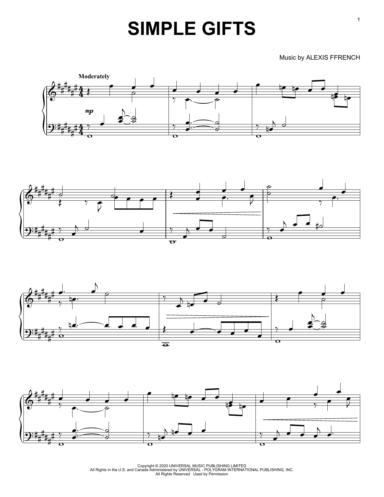 Alexis Ffrench Simple Gifts sheet music notes and chords. Download Printable PDF.