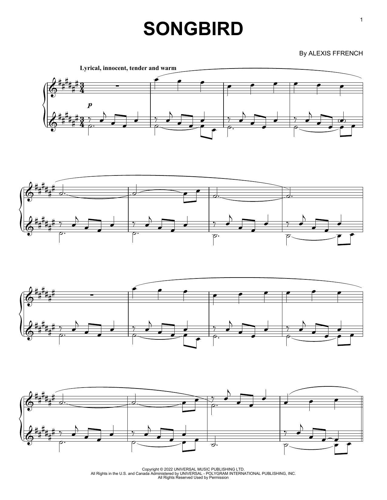 Alexis Ffrench Songbird sheet music notes and chords. Download Printable PDF.