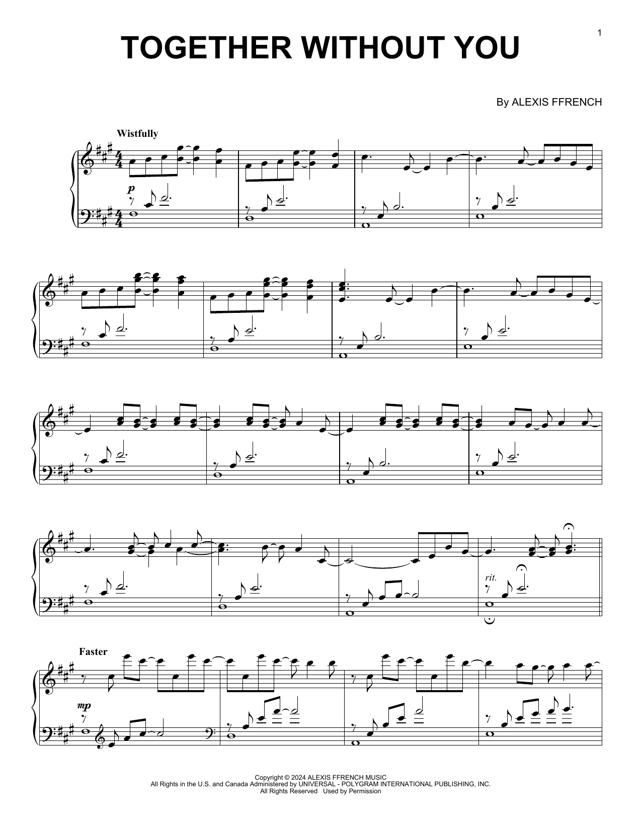 Learn to play Alexis Ffrench Together Without You sheet music for Piano Solo in minutes. Price: 7.8900$ Alexis Ffrench Together Without You sheet music notes and chords arranged for Piano Solo