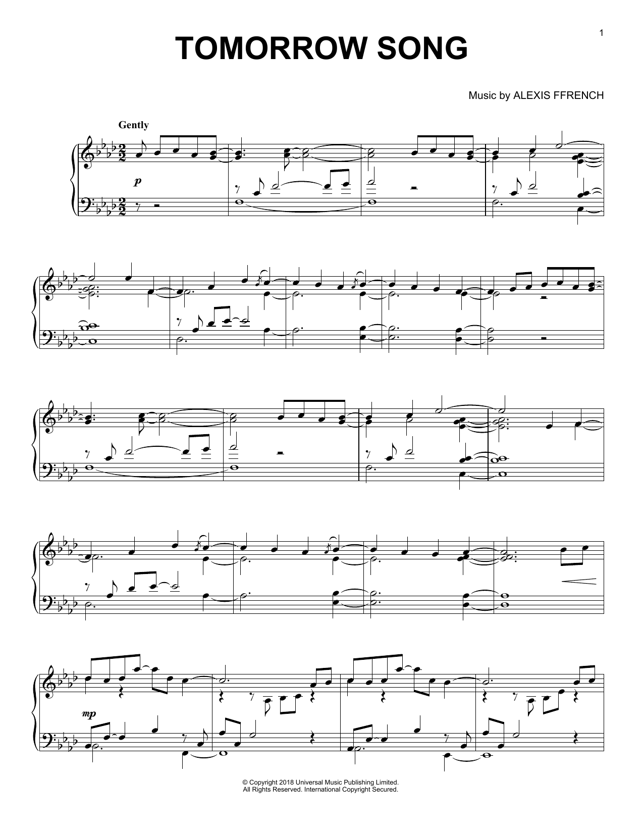 Alexis Ffrench Tomorrow Song sheet music notes and chords. Download Printable PDF.