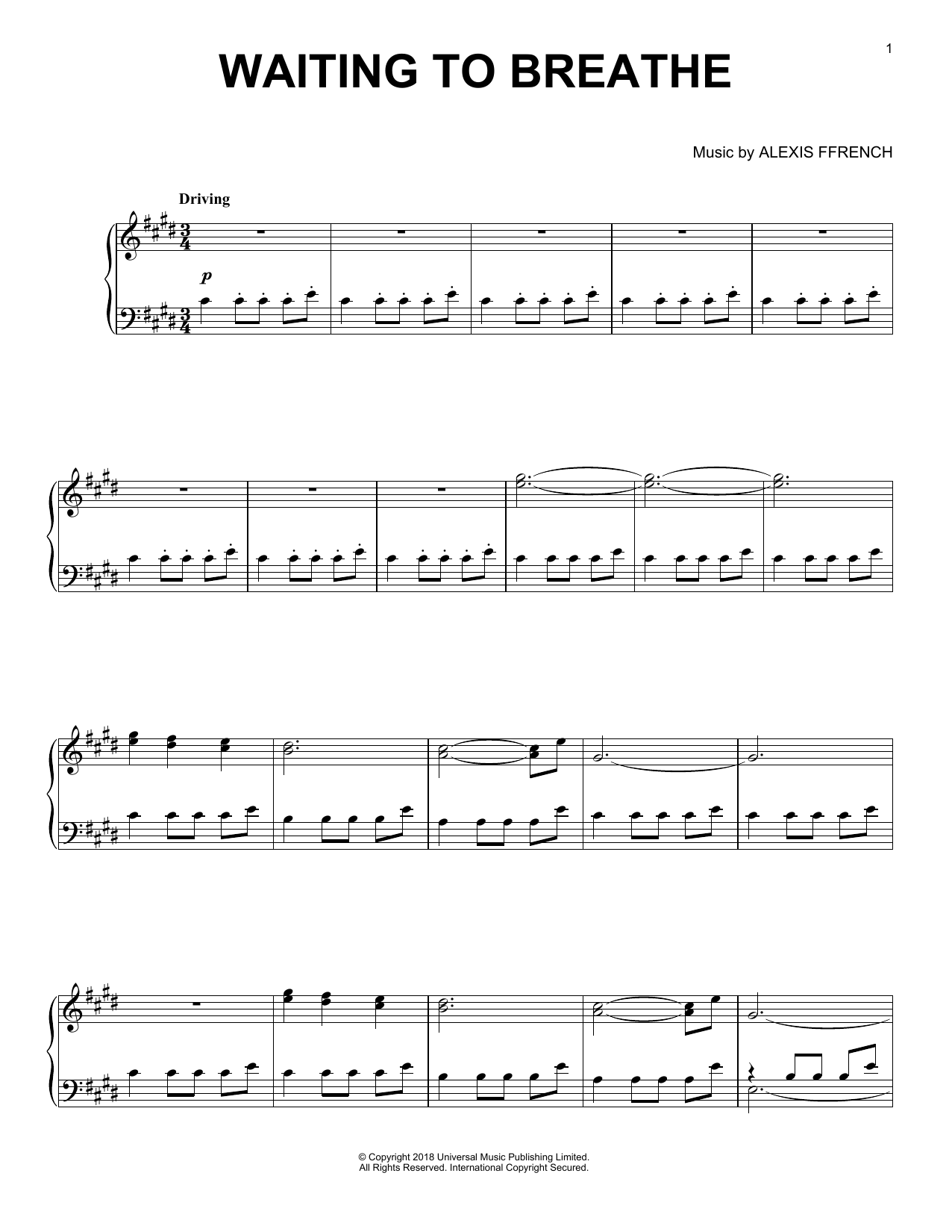 Alexis Ffrench Waiting To Breathe sheet music notes and chords. Download Printable PDF.