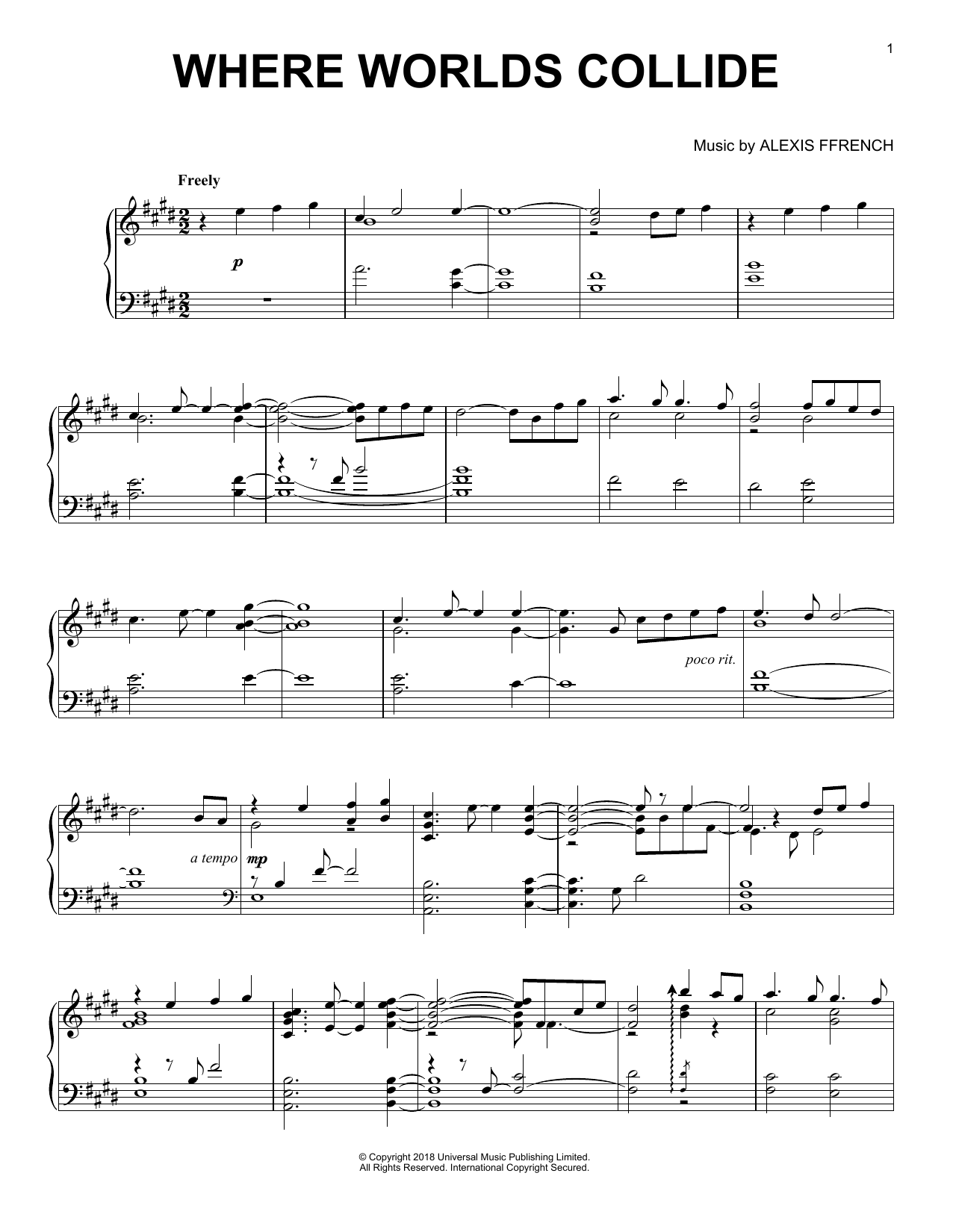 Learn to play Alexis Ffrench Where Worlds Collide sheet music for Piano Solo in minutes. Price: 6.9900$ Alexis Ffrench Where Worlds Collide sheet music notes and chords arranged for Piano Solo