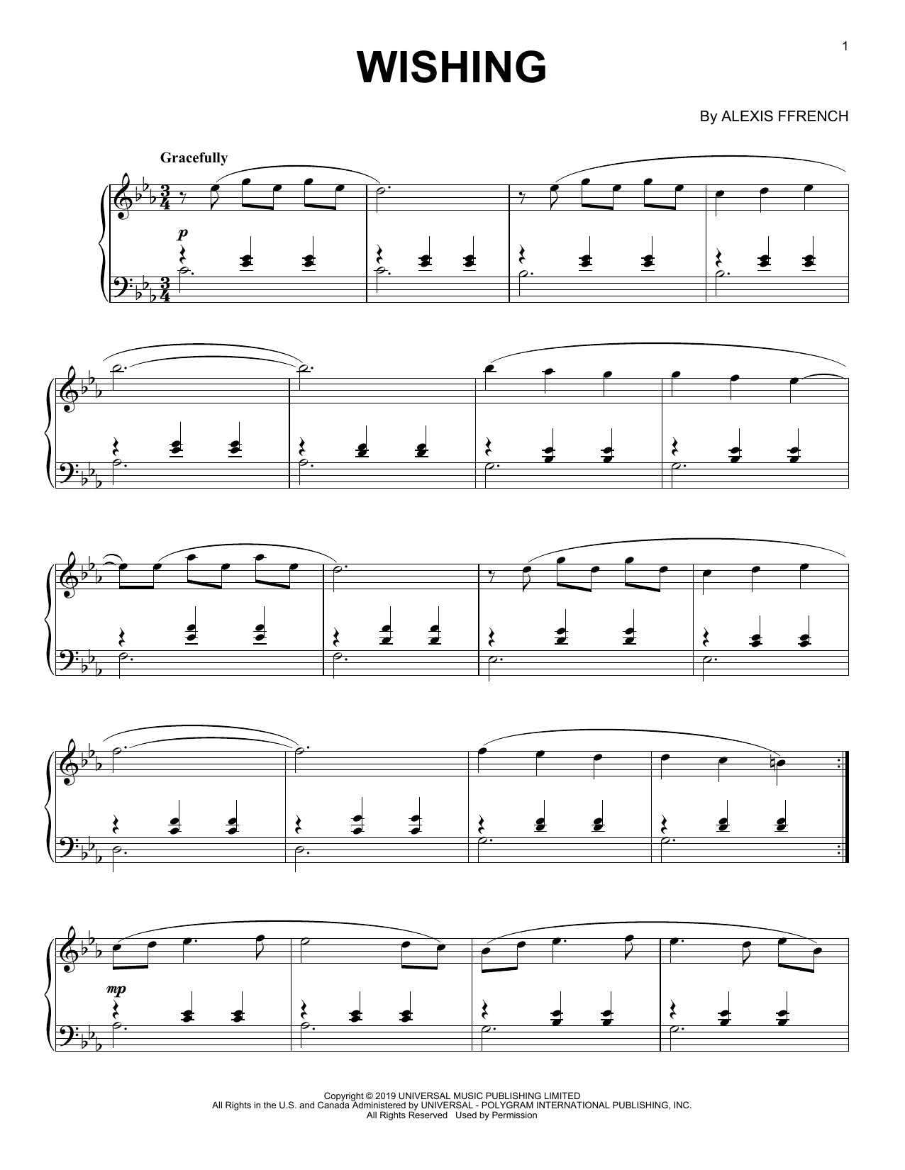 Alexis Ffrench Wishing sheet music notes and chords. Download Printable PDF.