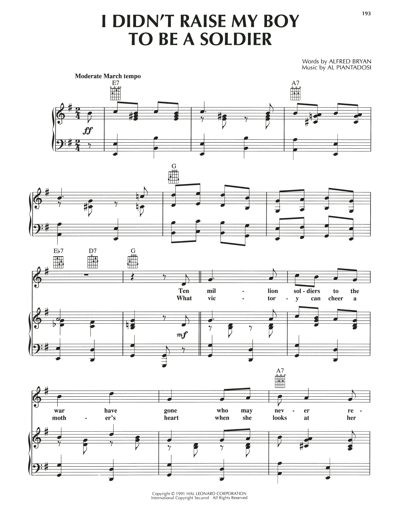 Learn to play Alfred Bryan I Didn't Raise My Boy To Be A Soldier sheet music for Piano, Vocal & Guitar Chords (Right-Hand Melody) in minutes. Price: 7.8900$ Alfred Bryan I Didn't Raise My Boy To Be A Soldier sheet music notes and chords arranged for Piano, Vocal & Guitar Chords (Right-Hand Melody)