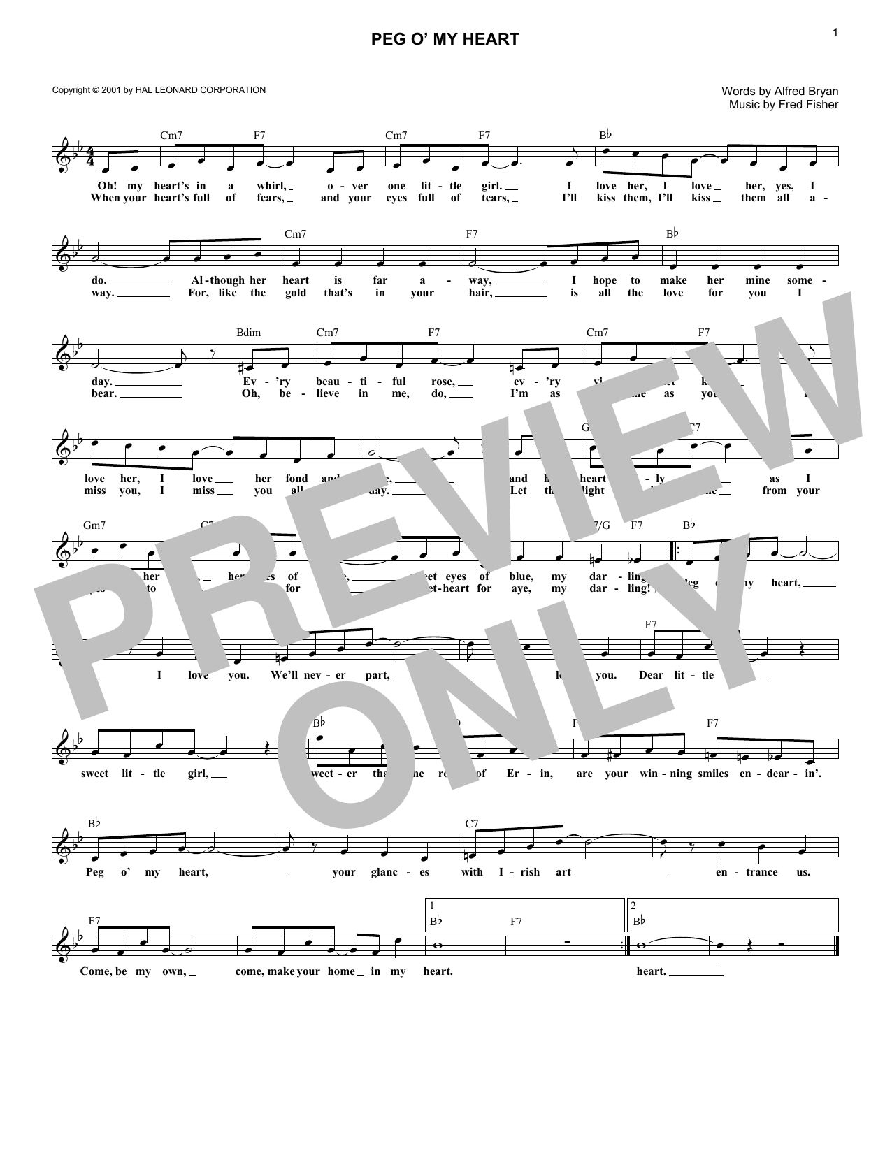 Learn to play Fred Fisher Peg O' My Heart sheet music for Lead Sheet / Fake Book in minutes. Price: 5.9900$ Fred Fisher Peg O' My Heart sheet music notes and chords arranged for Lead Sheet / Fake Book
