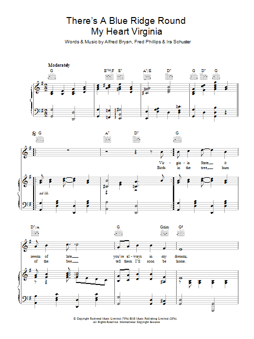 Learn to play Alfred Bryan There's A Blue Ridge Round My Heart Virginia sheet music for Piano, Vocal & Guitar Chords in minutes. Price: 7.8900$ Alfred Bryan There's A Blue Ridge Round My Heart Virginia sheet music notes and chords arranged for Piano, Vocal & Guitar Chords