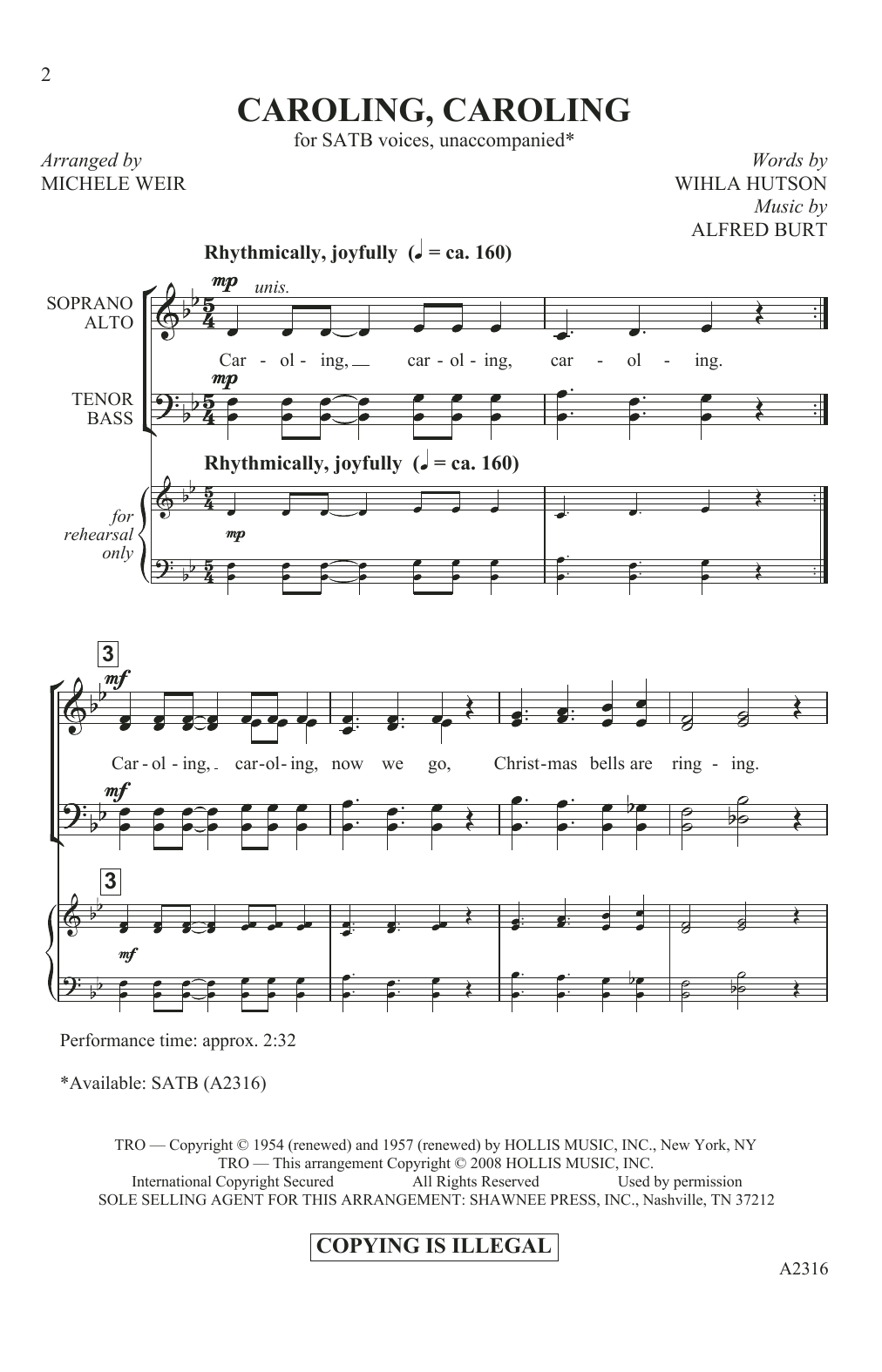 Alfred Burt & Wihla Hutson Caroling, Caroling (arr. Michele Weir) sheet music notes and chords. Download Printable PDF.