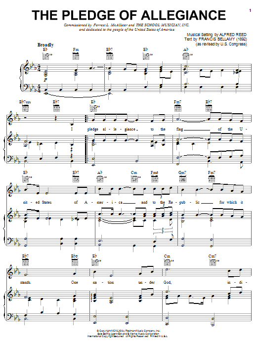 Learn to play Alfred Reed Pledge Of Allegiance, The (Reed A) sheet music for Piano, Vocal & Guitar Chords (Right-Hand Melody) in minutes. Price: 7.8900$ Alfred Reed Pledge Of Allegiance, The (Reed A) sheet music notes and chords arranged for Piano, Vocal & Guitar Chords (Right-Hand Melody)