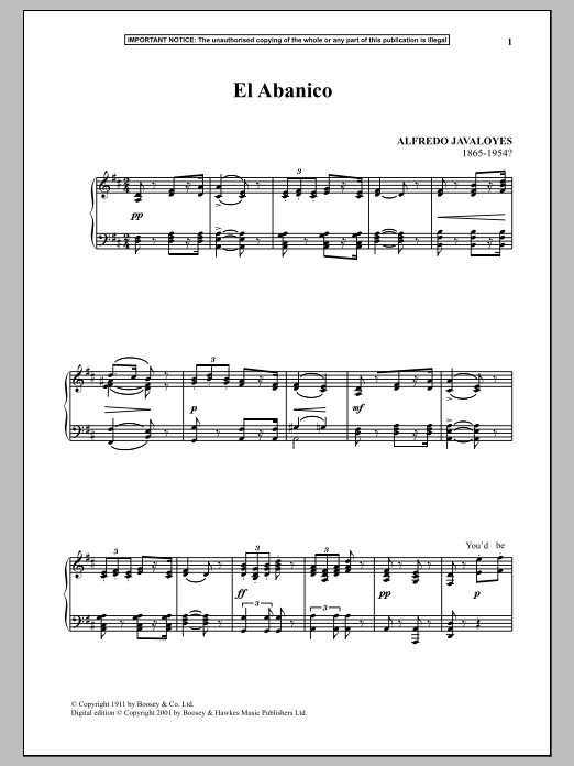 Learn to play Alfredo Javaloyes El Abanico sheet music for Piano Solo in minutes. Price: 7.8900$ Alfredo Javaloyes El Abanico sheet music notes and chords arranged for Piano Solo
