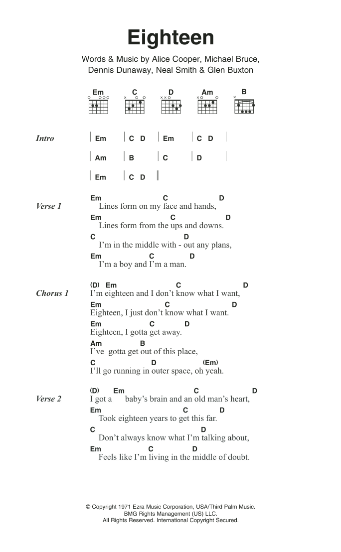 Alice Cooper Eighteen sheet music notes and chords. Download Printable PDF.