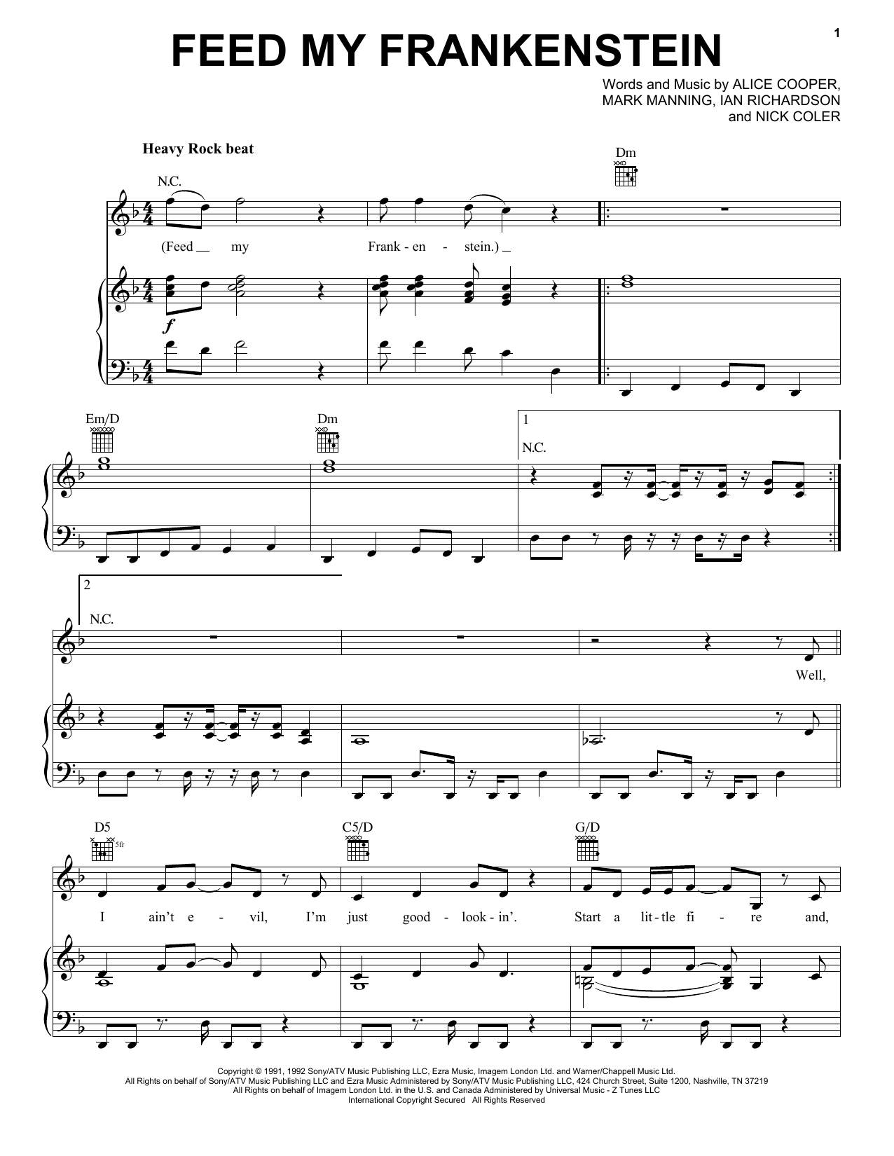 Alice Cooper Feed My Frankenstein sheet music notes and chords. Download Printable PDF.