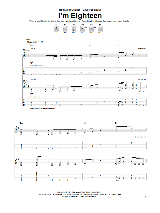 Learn to play Alice Cooper I'm Eighteen sheet music for Guitar Tab in minutes. Price: 7.8900$ Alice Cooper I'm Eighteen sheet music notes and chords arranged for Guitar Tab
