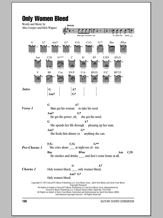 Alice Cooper Only Women Bleed sheet music notes and chords. Download Printable PDF.