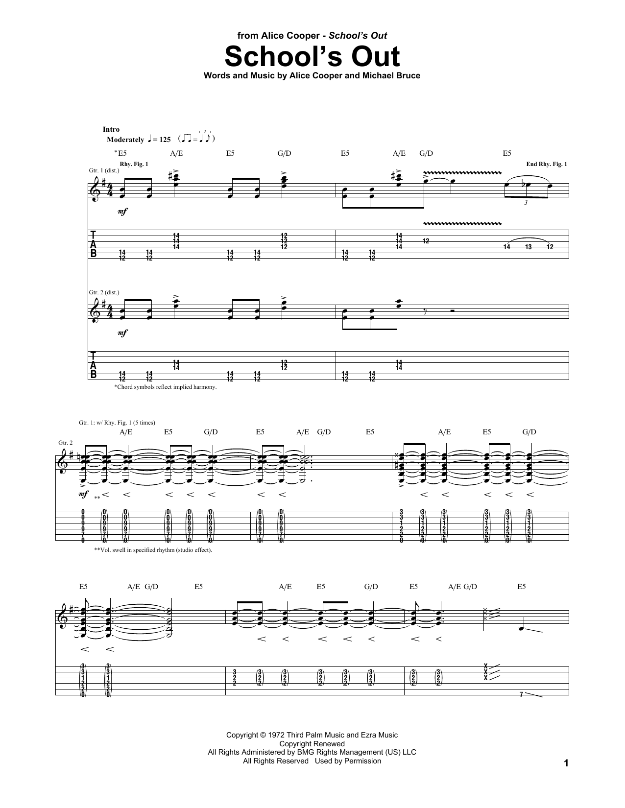 Alice Cooper School's Out sheet music notes and chords. Download Printable PDF.