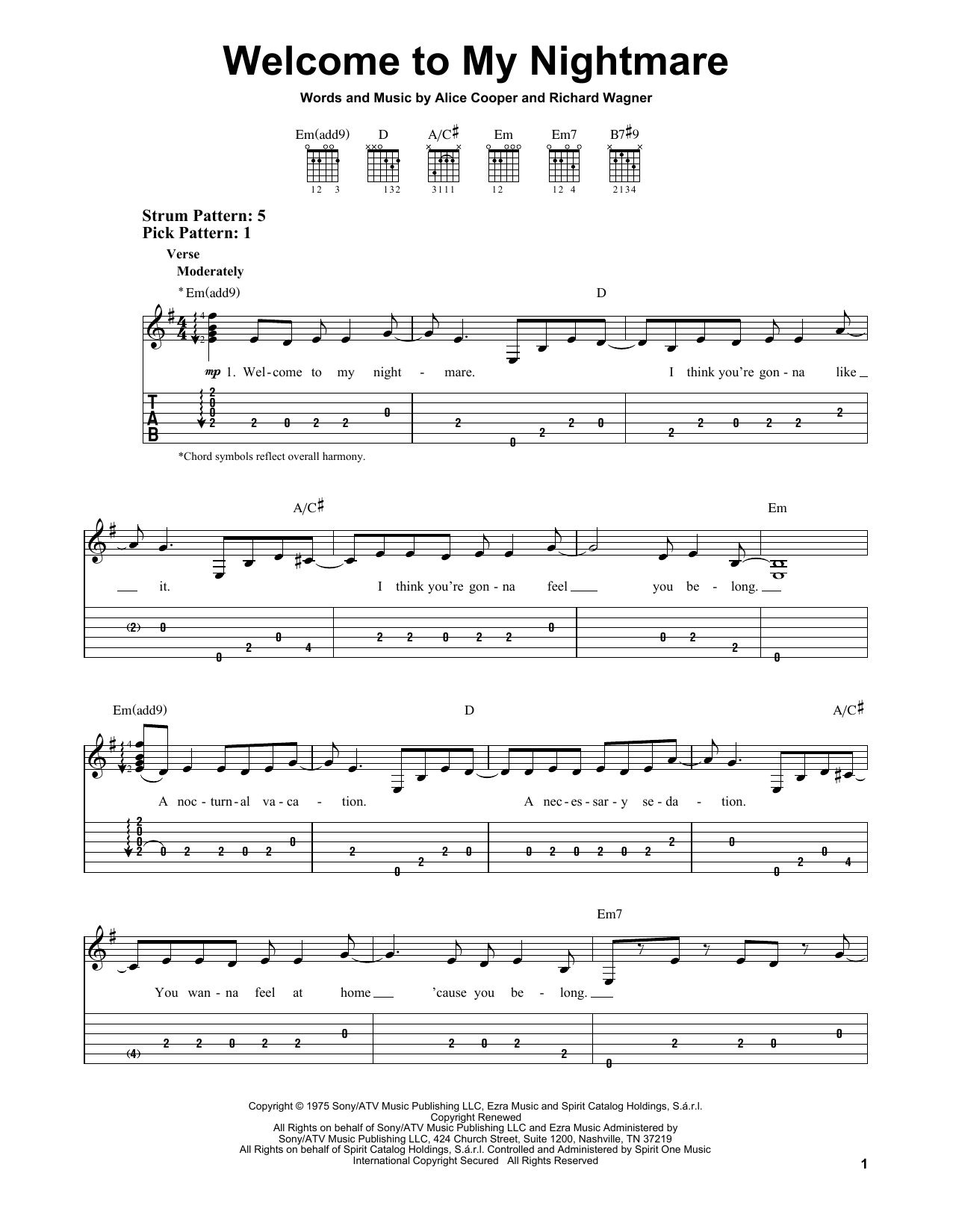 Alice Cooper Welcome To My Nightmare sheet music notes and chords. Download Printable PDF.