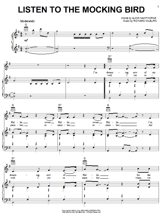 Learn to play Alice Hawthorne Listen To The Mocking Bird sheet music for Piano, Vocal & Guitar Chords (Right-Hand Melody) in minutes. Price: 7.8900$ Alice Hawthorne Listen To The Mocking Bird sheet music notes and chords arranged for Piano, Vocal & Guitar Chords (Right-Hand Melody)