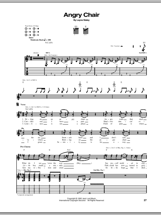 Alice In Chains Angry Chair sheet music notes and chords. Download Printable PDF.